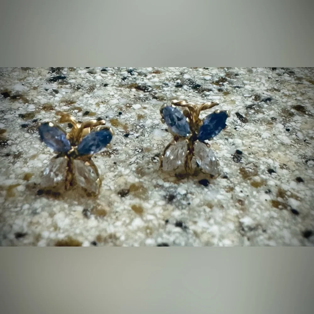 14K Solid Gold Butterfly Stud Earrings with Blue & Clear CZ Stones - Picture 4 of 4